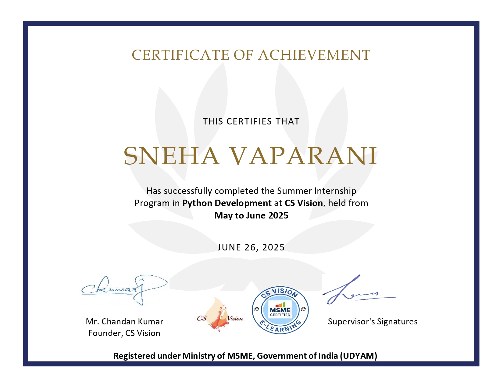Sneha Certificate